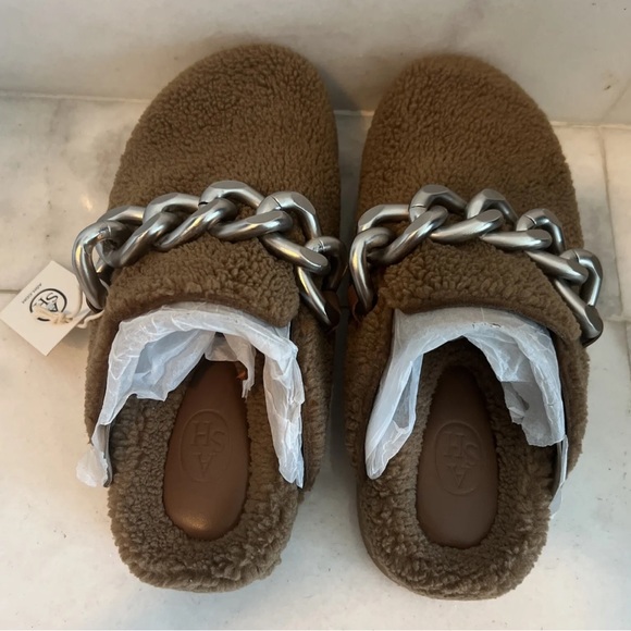 ASH Women's Ghost Fur Mule Slide Clog Brown Leather Silver Metal Chain 7.5 8 38 - Picture 6 of 11